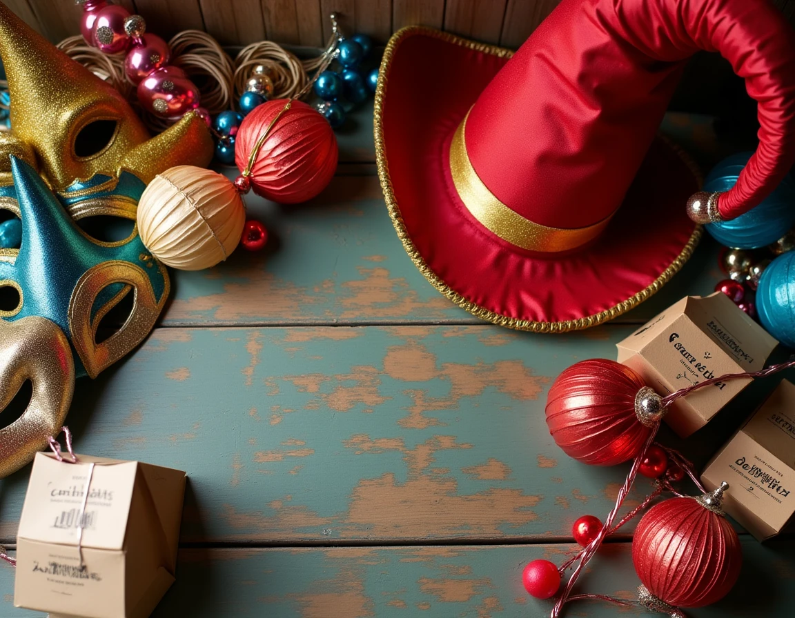 Vue en plongée d'une sélection d'accessoires de fête colorés sur un comptoir en bois patiné dans une boutique parisienne de farces et attrapes