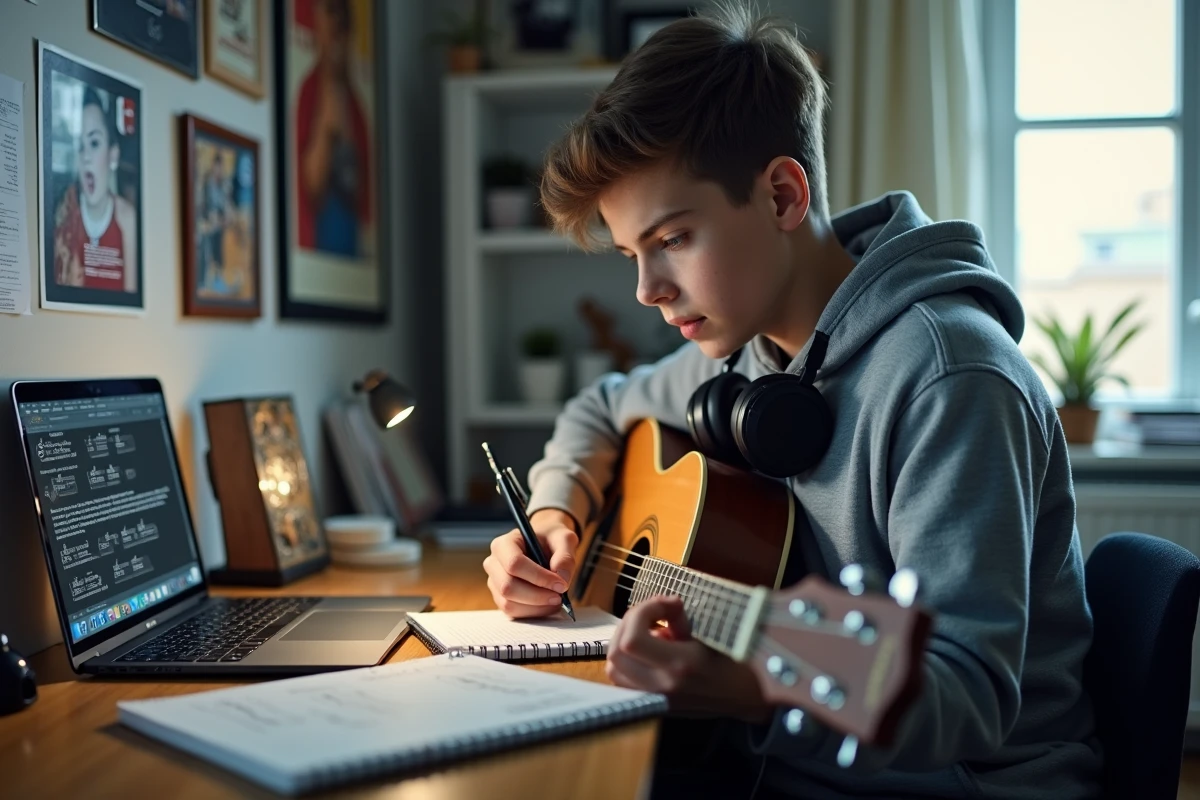 Adolescent guitariste prenant des notes sur les accords de Je Te Promets avec un tutoriel vidéo ouvert sur son bureau dans sa chambre