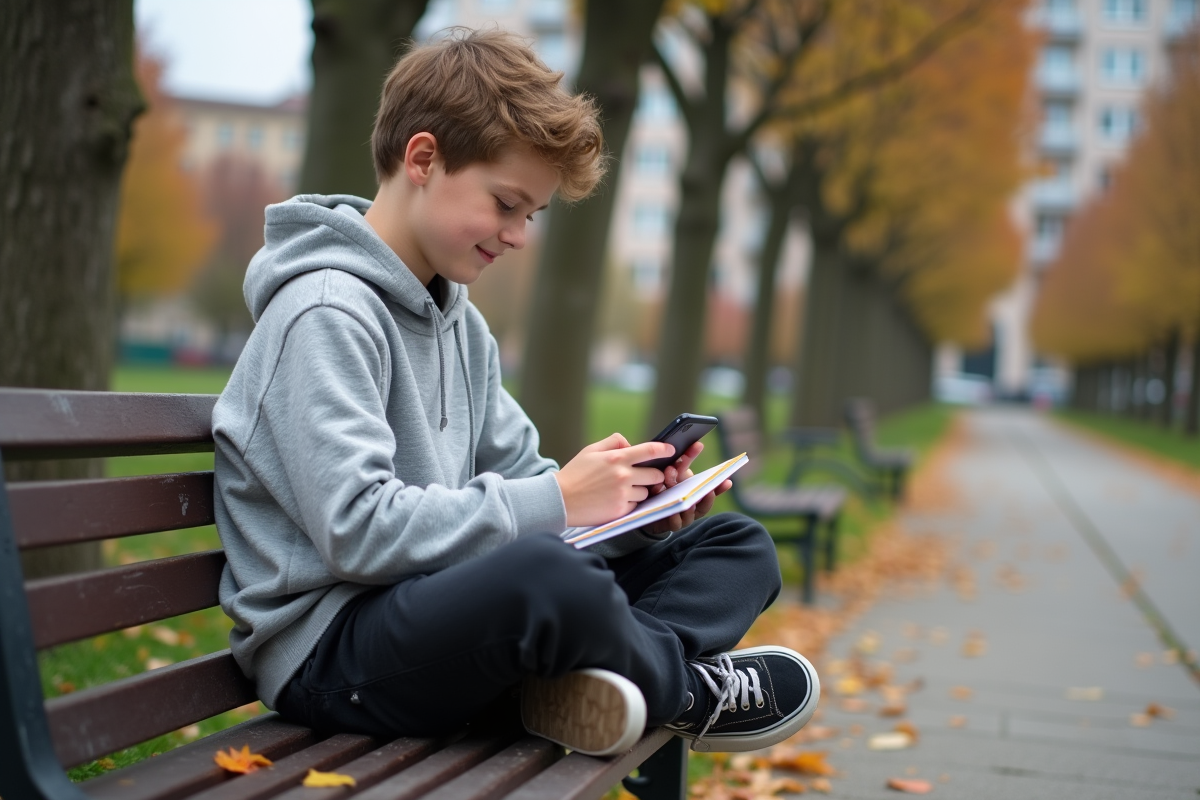 Adolescent consulte son carnet de dépenses dans un parc