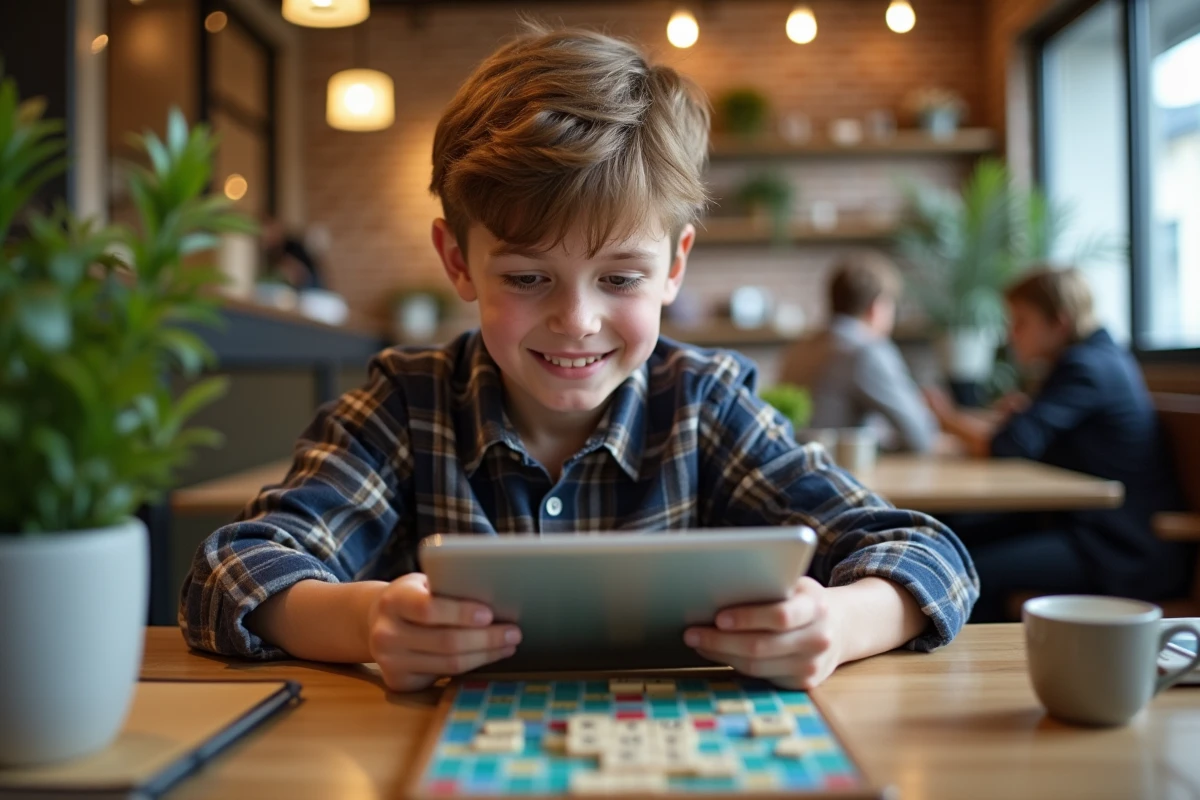 Adolescent jouant au Scrabble sur une tablette dans un café animé