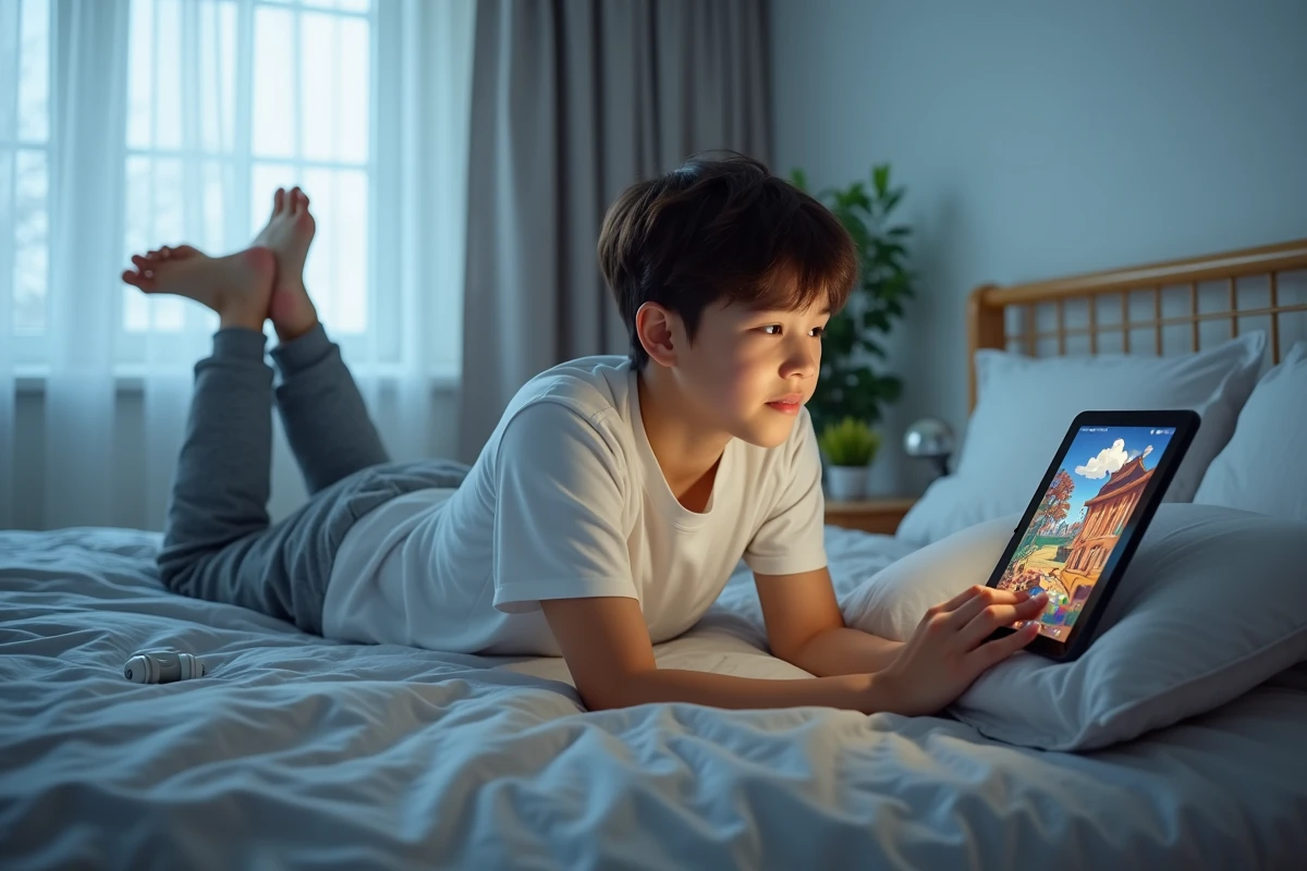 Adolescent allongé sur son lit lisant un webtoon de fantasy sur tablette dans une chambre épurée