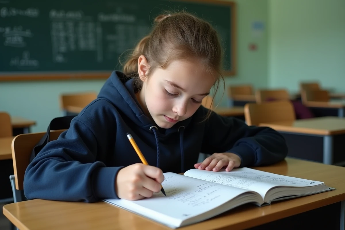 Adolescente concentrée sur un exercice de conversion d'unités de volume dans un cahier scolaire posé sur un bureau en bois