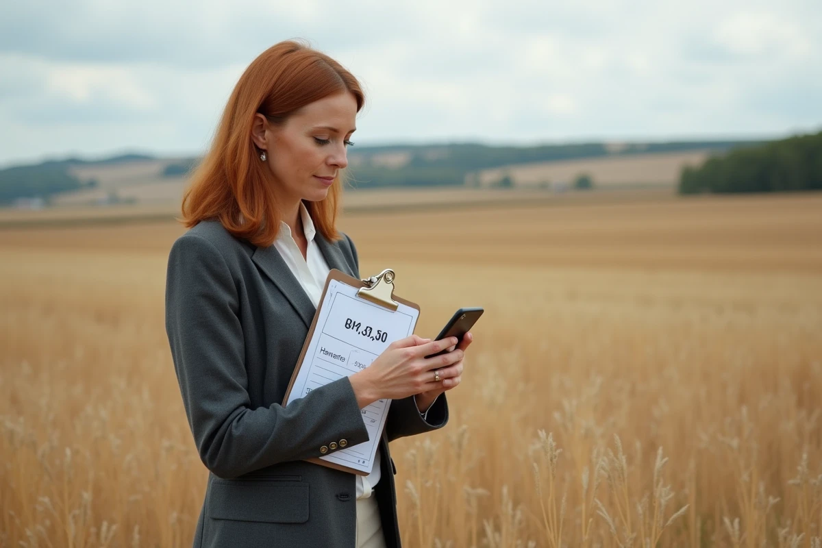 Agent immobilier consultant un convertisseur ha en m² sur smartphone dans un terrain rural pour estimer le prix foncier
