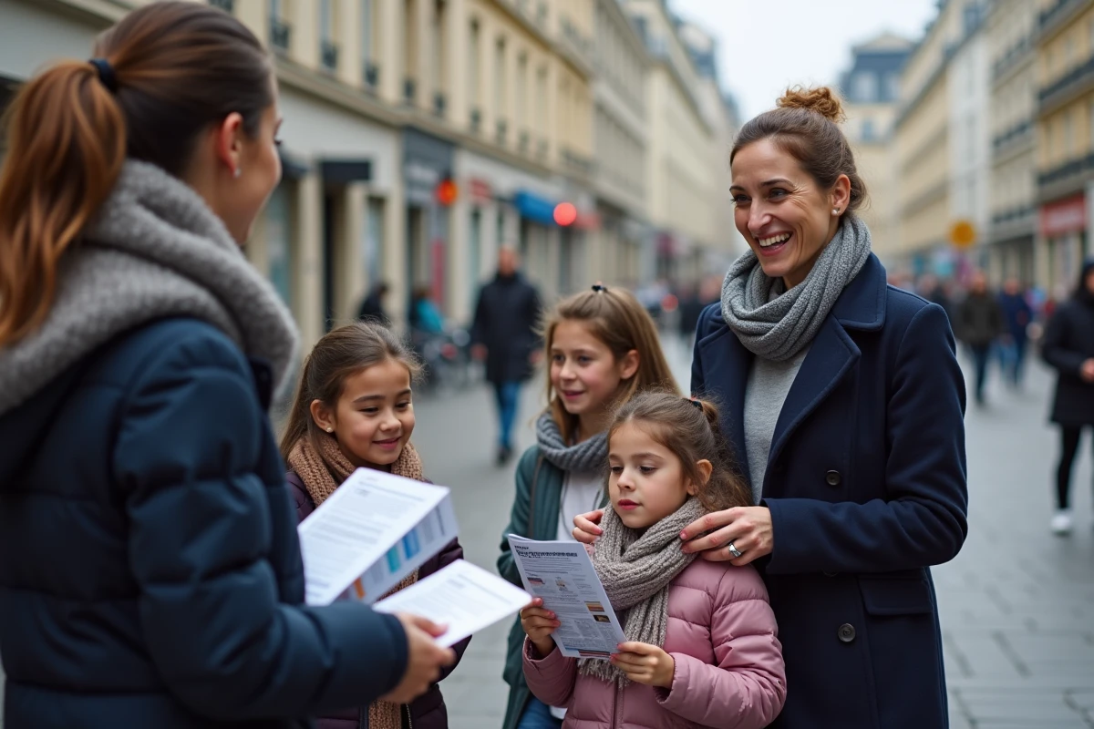 Assistante aidant une famille de migrants dans un espace urbain parisien