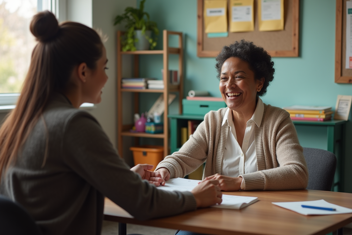 Travailleur social écoute une mère dans un centre communautaire