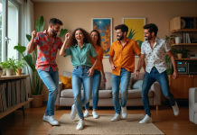 Groupe d'amis dansant et riant lors d'une fête d'été à l'intérieur