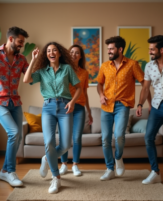 Groupe d'amis dansant et riant lors d'une fête d'été à l'intérieur