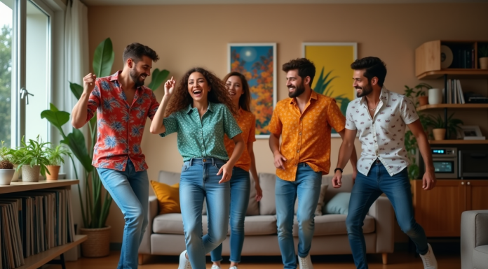 Groupe d'amis dansant et riant lors d'une fête d'été à l'intérieur