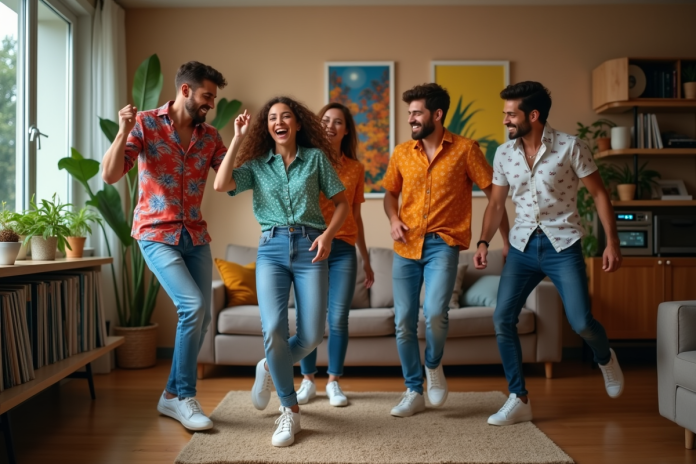 Groupe d'amis dansant et riant lors d'une fête d'été à l'intérieur