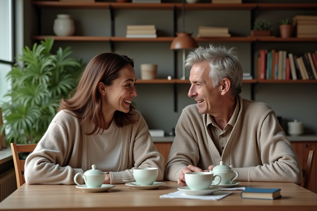 Deux amis discutant à une table de cuisine chaleureuse