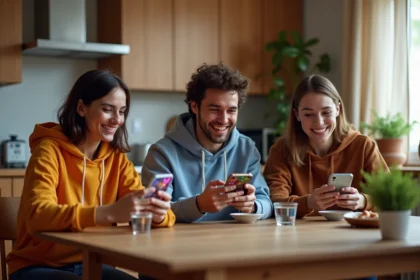 Groupe d'amis jouant au jeu Google Année du Serpent sur leurs smartphones autour d'une table en bois dans un appartement moderne