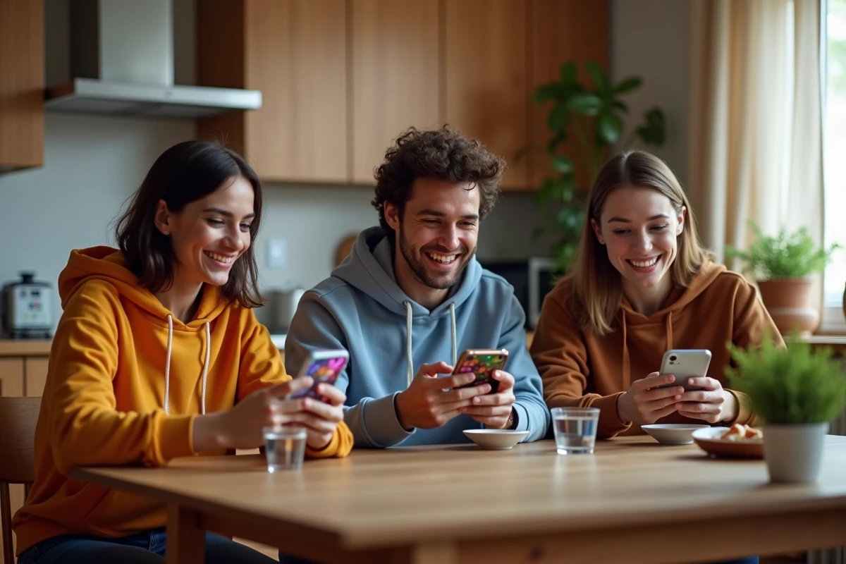 Groupe d'amis jouant au jeu Google Année du Serpent sur leurs smartphones autour d'une table en bois dans un appartement moderne