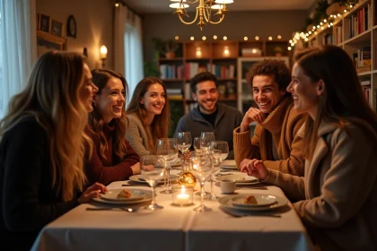 Amis en hiver autour d une table chaleureuse