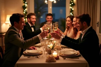 Groupe d'amis lors du réveillon de Nouvel An en soirée élégante