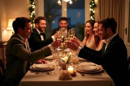 Groupe d'amis lors du réveillon de Nouvel An en soirée élégante