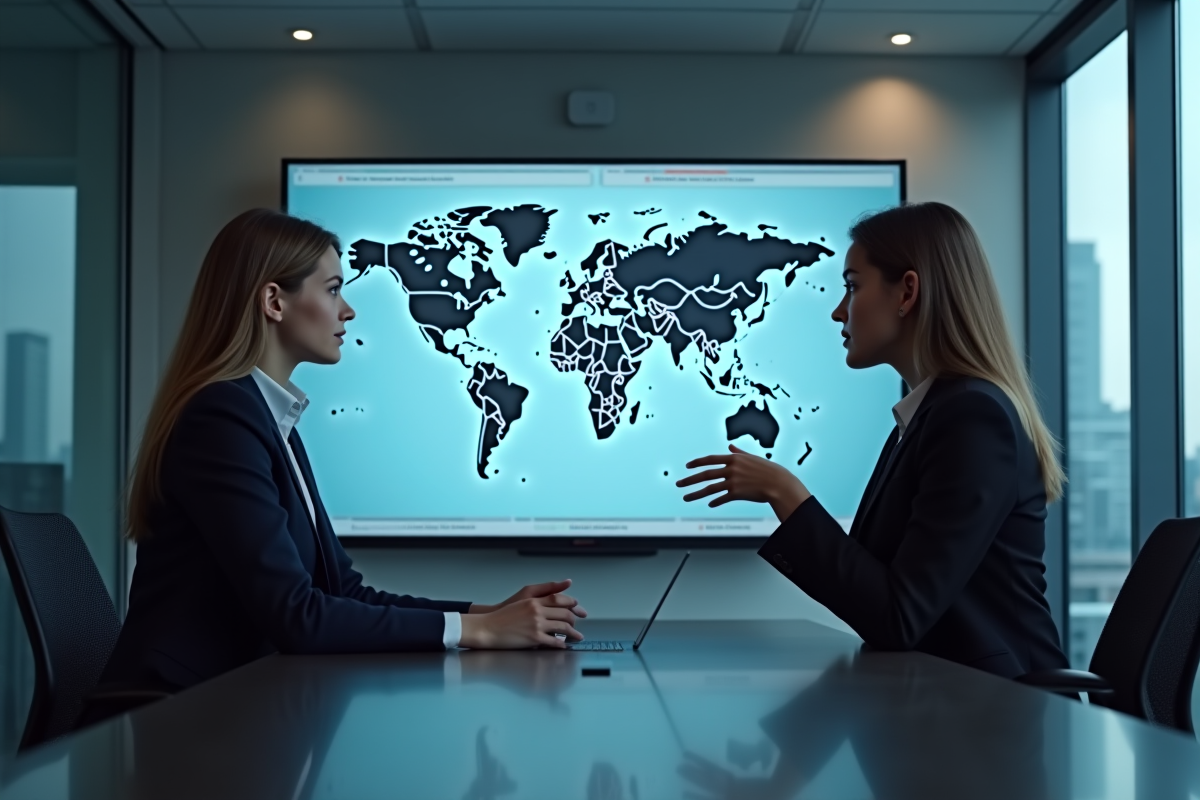 Jeune analyste financier discutant avec un collègue devant une carte mondiale