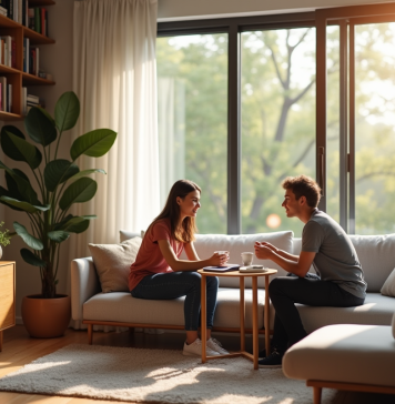 Jeunes adultes discutant dans un salon lumineux d'un T2