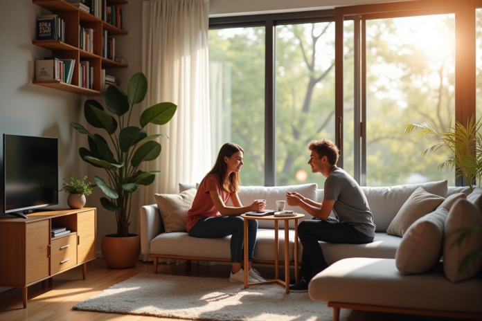 appartement-cosy-deux-jeunes Jeunes adultes discutant dans un salon lumineux d'un T2