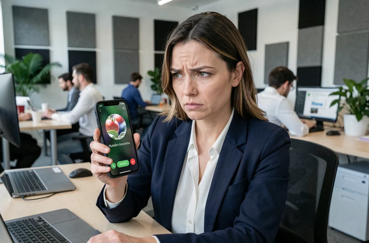 Femme en bureau recevant un appel inconnu sur smartphone, illustrant le démarchage commercial en 2026