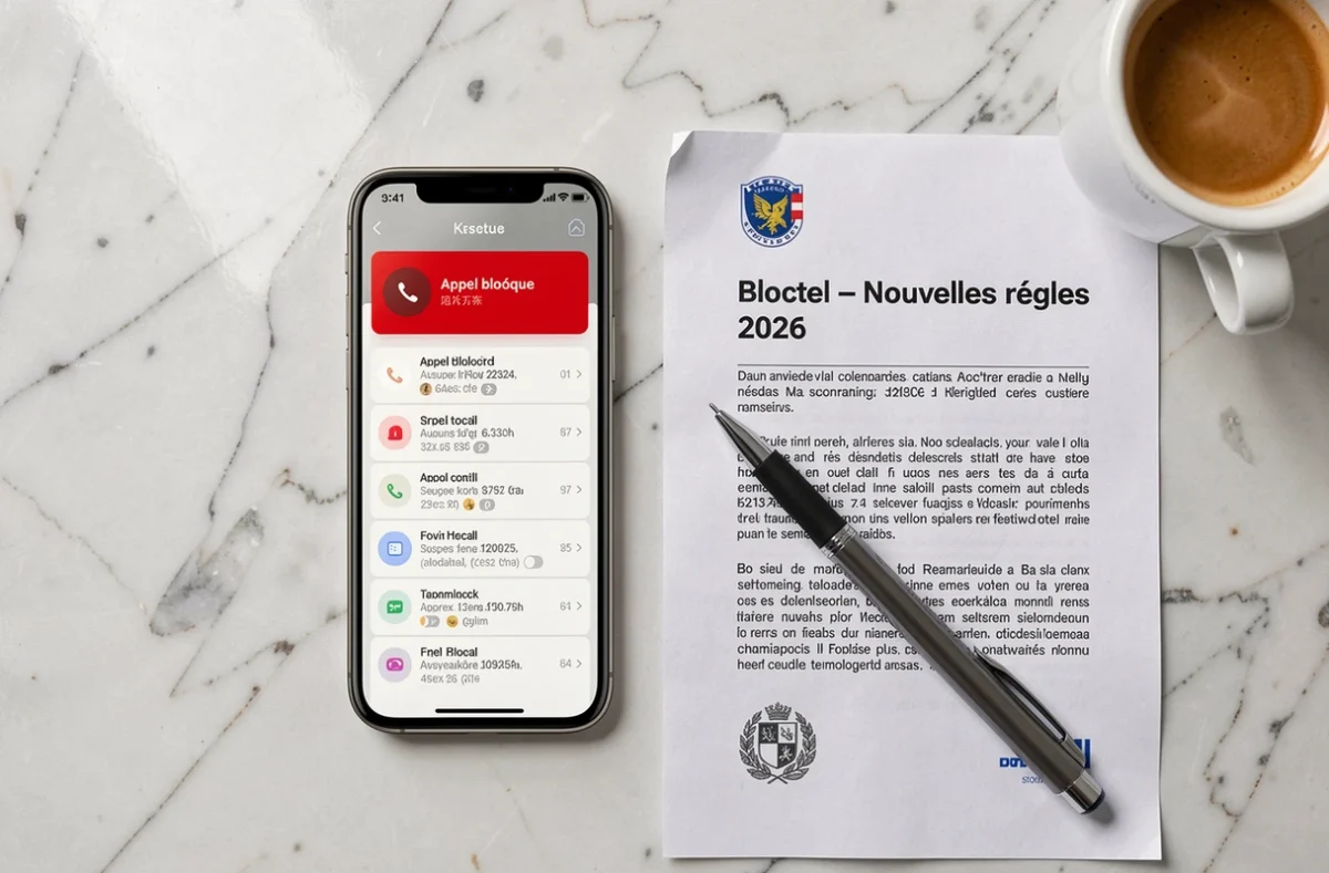 Flat lay d'un smartphone affichant une application anti-démarchage et un document sur les règles Bloctel 2026