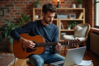 Jeune guitariste apprenant les accords de Je Te Promets sur un tutoriel vidéo avec son laptop dans un studio home recording chaleureux