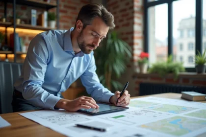 Architecte utilisant un convertisseur hectares en m² sur tablette numérique pour estimer le prix au mètre carré d'un terrain