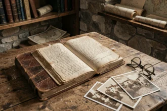 Vieux livre d'archives ouvert avec manuscrits en encre sépia et photographies anciennes d'un village méditerranéen sur une table en chêne usée