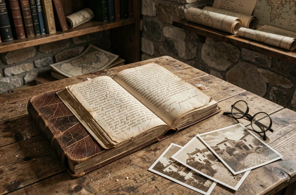 Vieux livre d'archives ouvert avec manuscrits en encre sépia et photographies anciennes d'un village méditerranéen sur une table en chêne usée