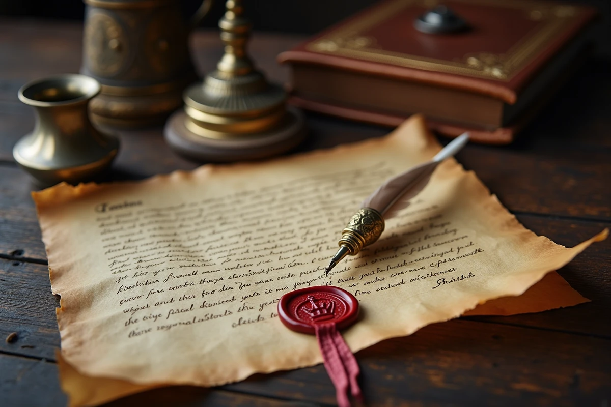 Artefacts religieux de l'époque Tudor incluant un décret royal sur parchemin, une plume et une croix en laiton
