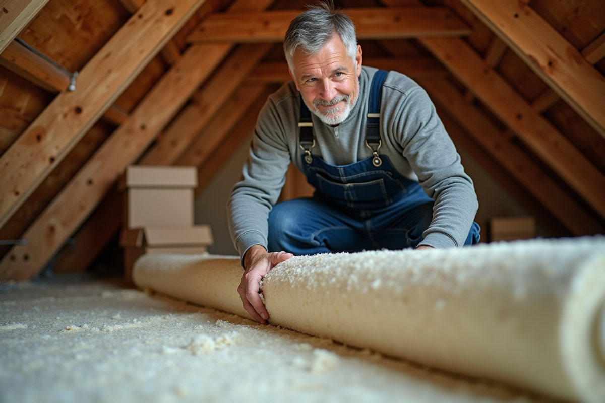 Artisan pose la laine mineral dans un grenier en travaux