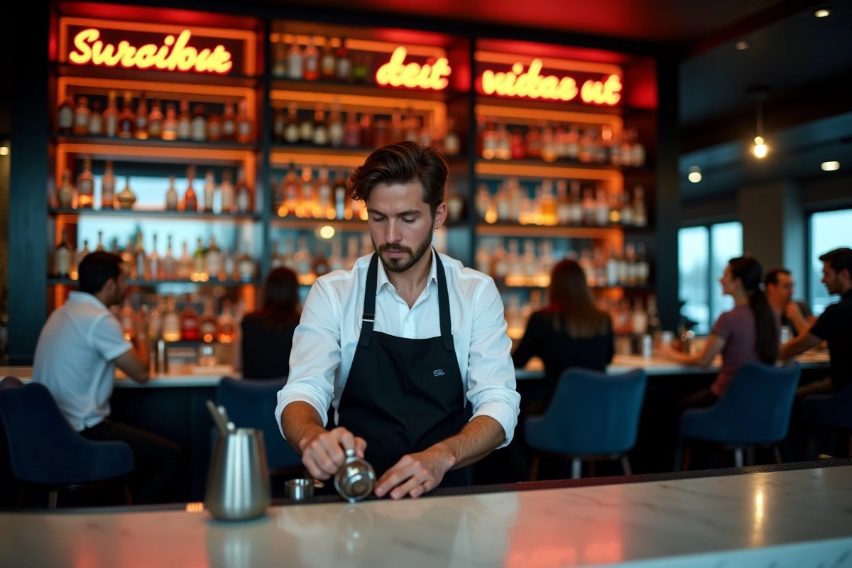 Barman préparant un cocktail dans un bar branché de Strasbourg le soir