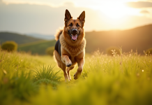 Chien berger allemand courant dans un champ ensoleille