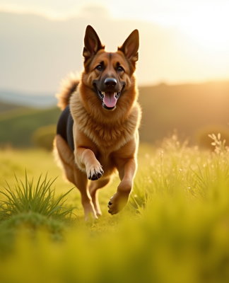 Chien berger allemand courant dans un champ ensoleille
