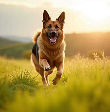 Chien berger allemand courant dans un champ ensoleille