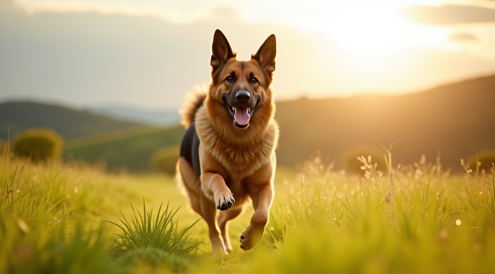Chien berger allemand courant dans un champ ensoleille
