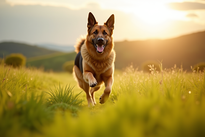 Chien berger allemand courant dans un champ ensoleille