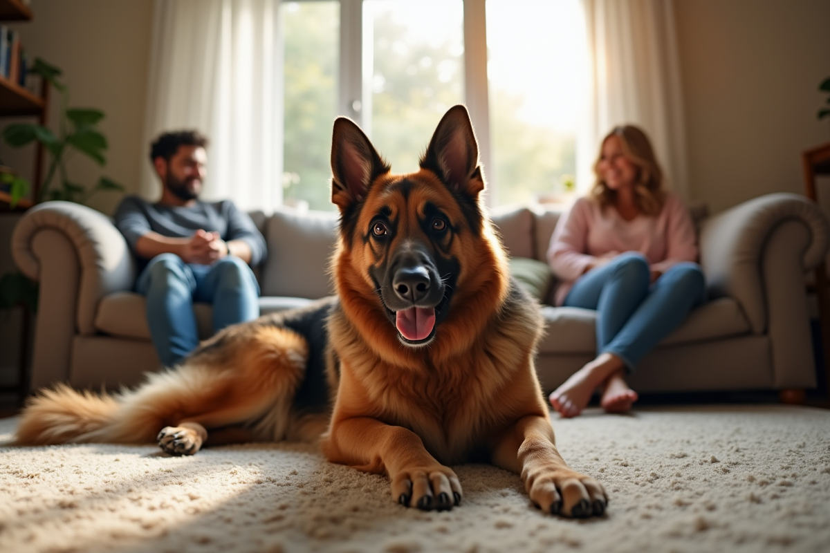 Chien berger allemand senior relaxant avec famille à la maison