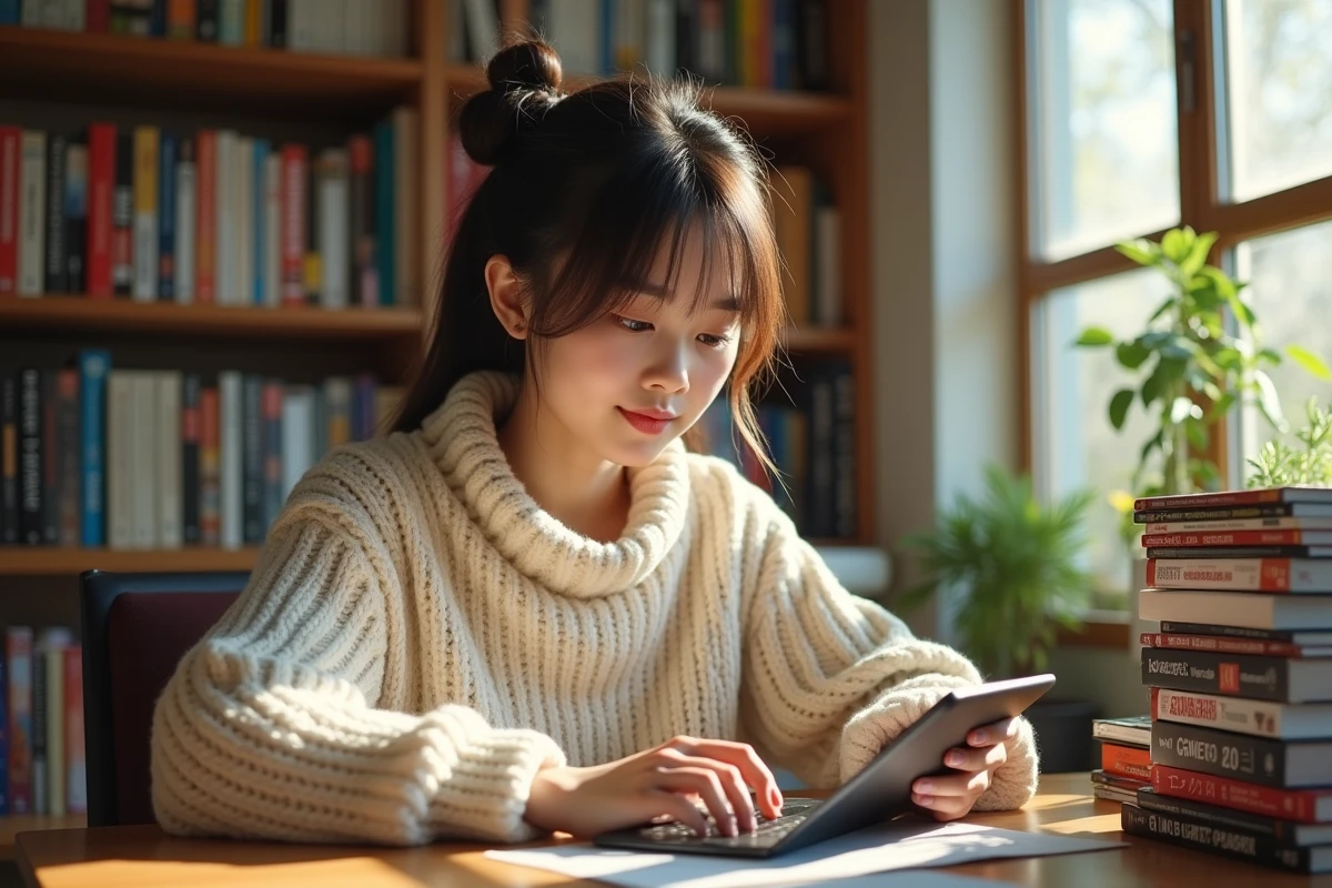 Jeune femme organisant sa bibliothèque de mangas BL sur une tablette, entourée de volumes manga sur une étagère en bois