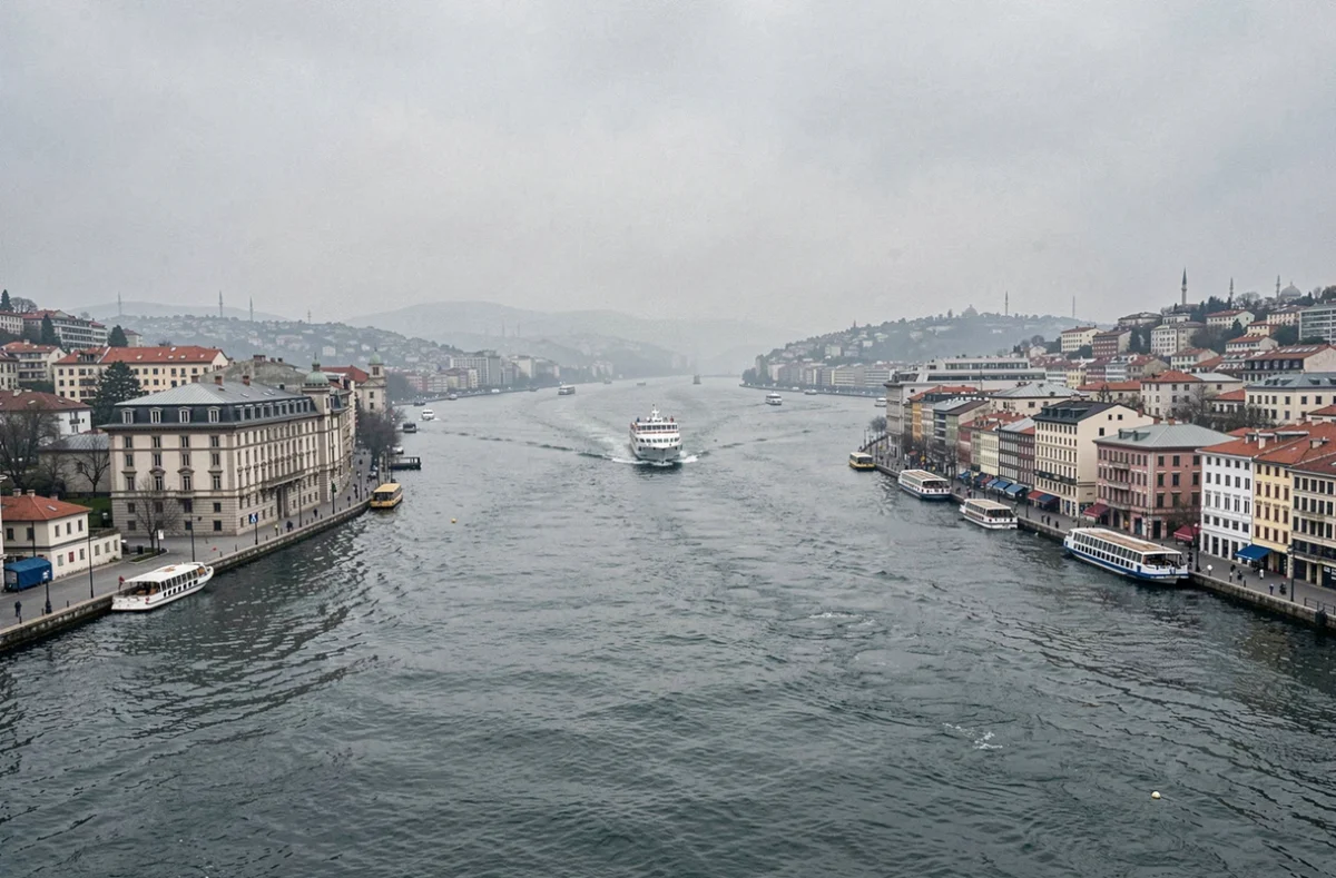 Vue panoramique du Bosphore à Istanbul séparant l'Europe et l'Asie, avec un ferry traversant le détroit entre les deux rives