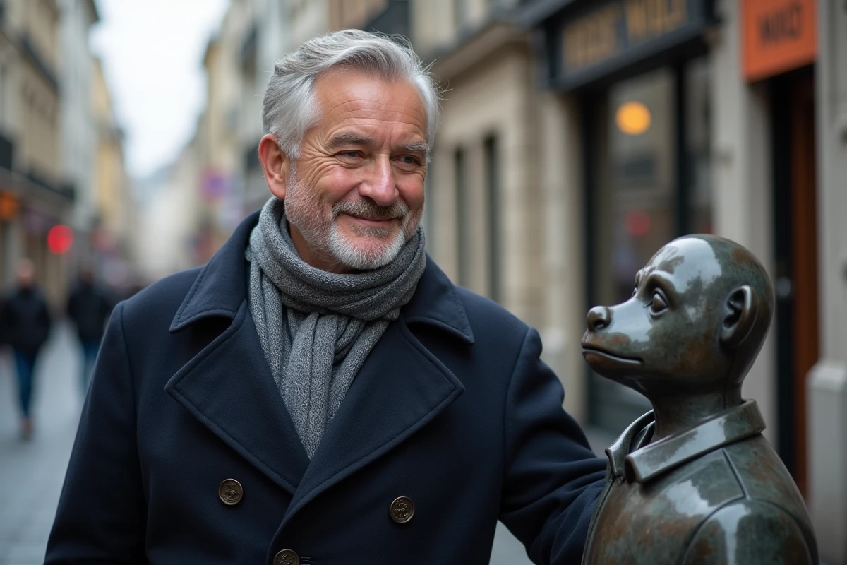 Un Bruxellois d'âge mûr souriant fièrement à côté de la statue du Manneken Pis dans le centre historique de Bruxelles