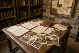 Bureau colonial ancien recouvert de documents historiques jaunis, journaux et photographies sépia liés à l'histoire coloniale du patchili