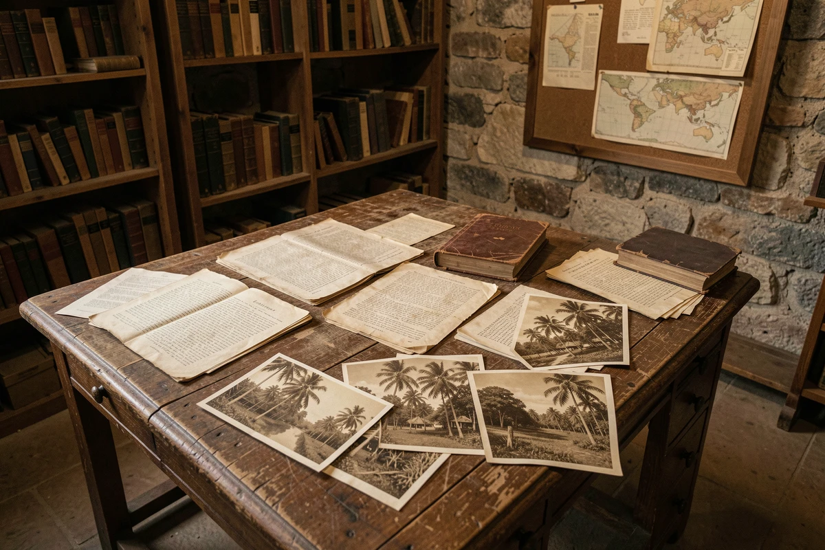 Bureau colonial ancien recouvert de documents historiques jaunis, journaux et photographies sépia liés à l'histoire coloniale du patchili