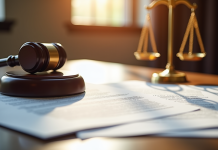 Bureau de juge avec documents et balance de justice
