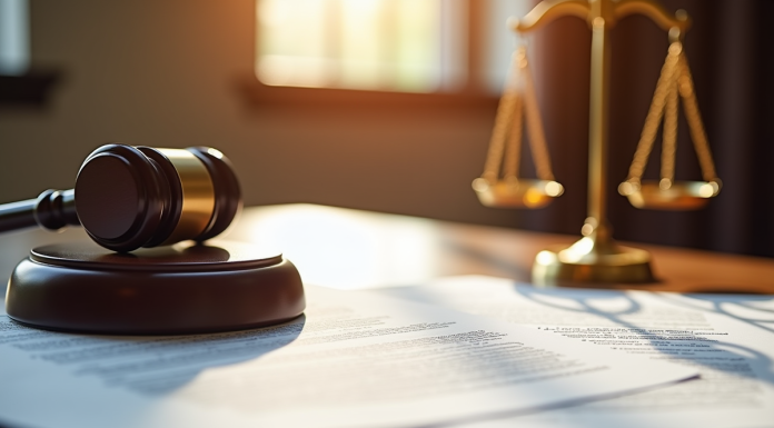 Bureau de juge avec documents et balance de justice