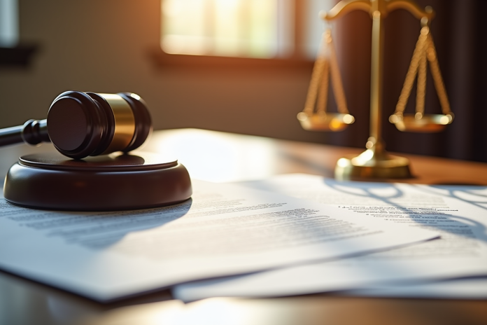 bureau-juge-justice Bureau de juge avec documents et balance de justice