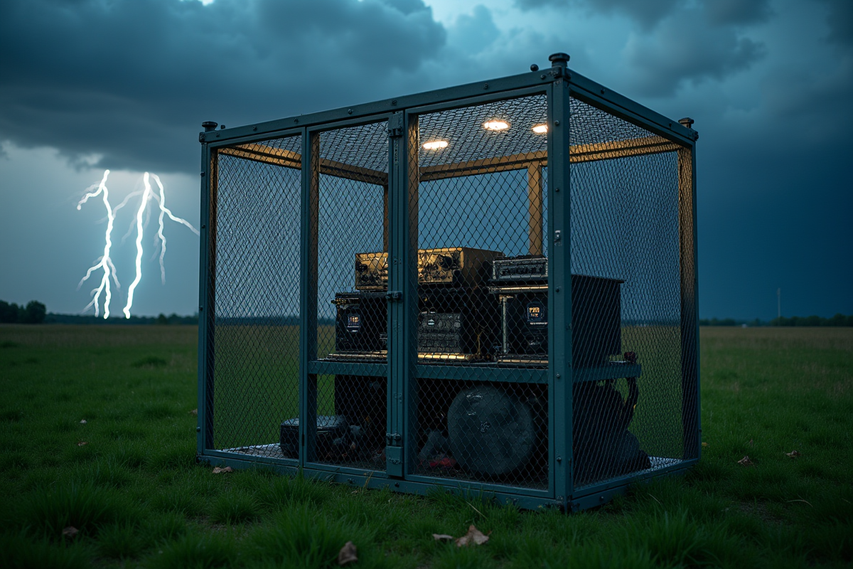 Cage Faraday robuste en extérieur sous un ciel orageux avec éclairs