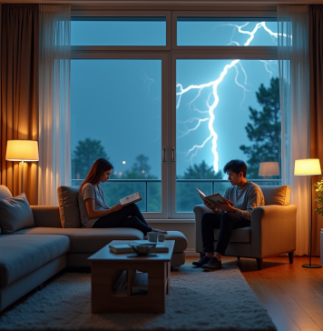 Cage Faraday moderne dans un salon lumineux et cosy avec famille
