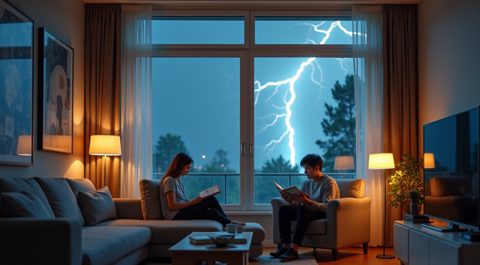 Cage Faraday moderne dans un salon lumineux et cosy avec famille
