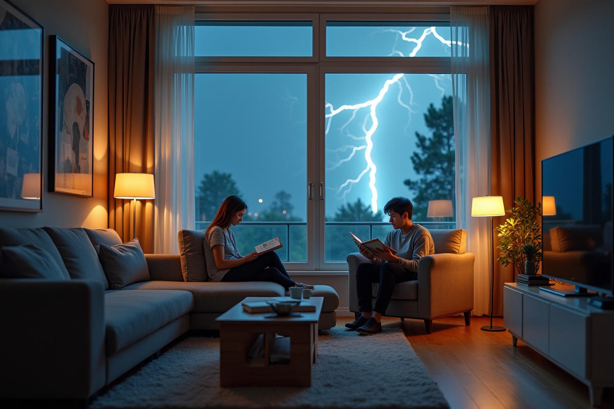 Cage Faraday moderne dans un salon lumineux et cosy avec famille