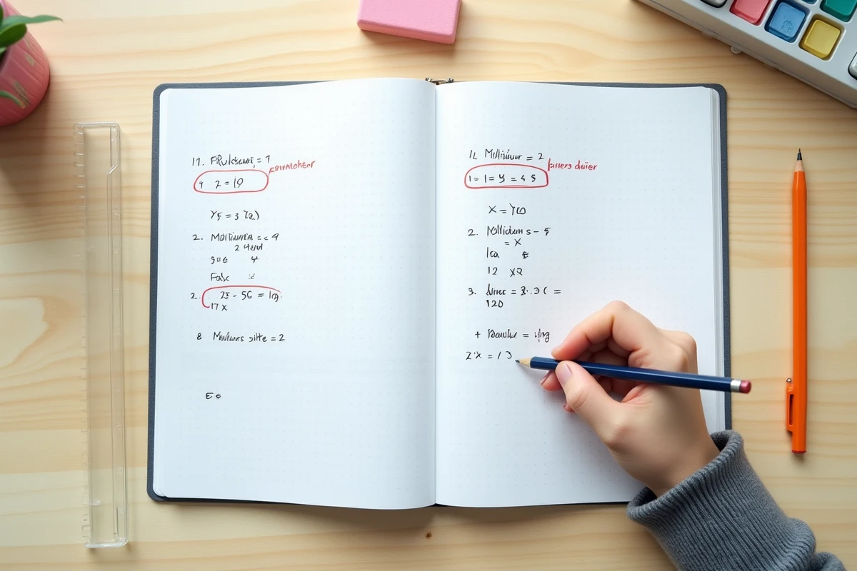 Gros plan sur un cahier d'exercices scolaires ouvert montrant des erreurs de conversion millilitres en litres corrigées au stylo rouge